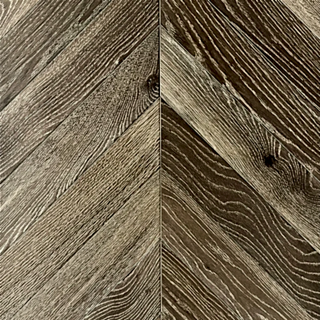 Close-up of Chevron Smoke Grey Oak Flooring showing brushed texture and smoky grey oak grain detail