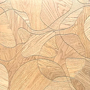 A stylish wooden floor displaying a geometric pattern of circles and lines, crafted from premium oak for a modern aesthetic.