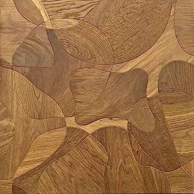 Front-facing close detail of Picasso Artisan Smoked Oak Bespoke Geometric Parquet highlighting smoked tones and fine craftsmanship