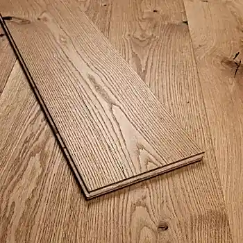 Close-up of Eco Range Natural Oak Brushed UV Oiled flooring with individual plank displayed in the center