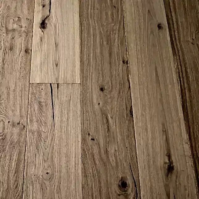 Close-up view of Eco Range Bourbon Vintage Oak flooring with handscraped texture and warm oiled finish